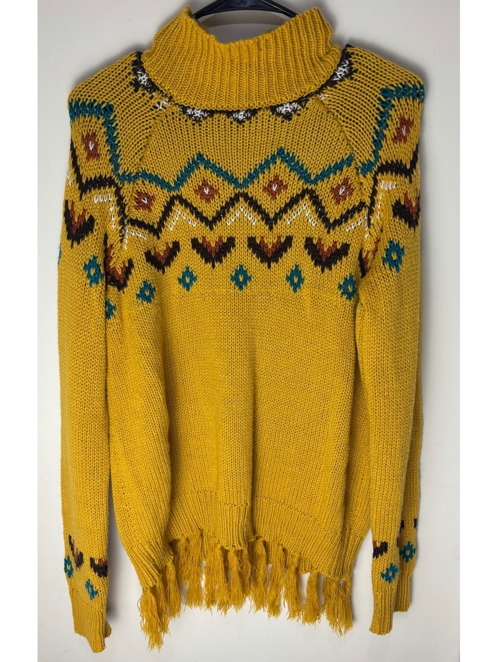 Wrangler Womens M Mustard Southwestern Aztec Turtleneck Sweater Fringe Western